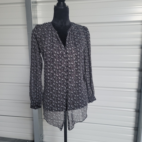 ZARA Paisley Boho Semi Sheer Long Sleeve Chiffon Blouse Lurex Black Buttons XS - Picture 1 of 12